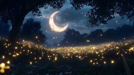 Naklejka premium A mesmerizing firefly-lit meadow under a crescent moon