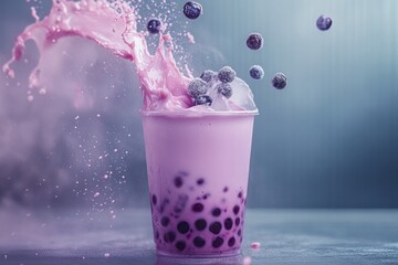 Purple bubble tea splashes with flying berries and ice cubes, dynamic motion, refreshing sweet drink.