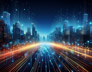 abstract digital city with glowing lines and particles representing data flow technology and innovation
