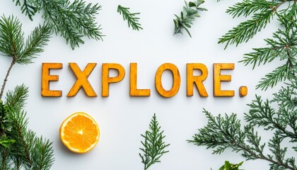 Explore Word Made of Wooden Letters Amidst Festive Greenery and Citrus, White Background