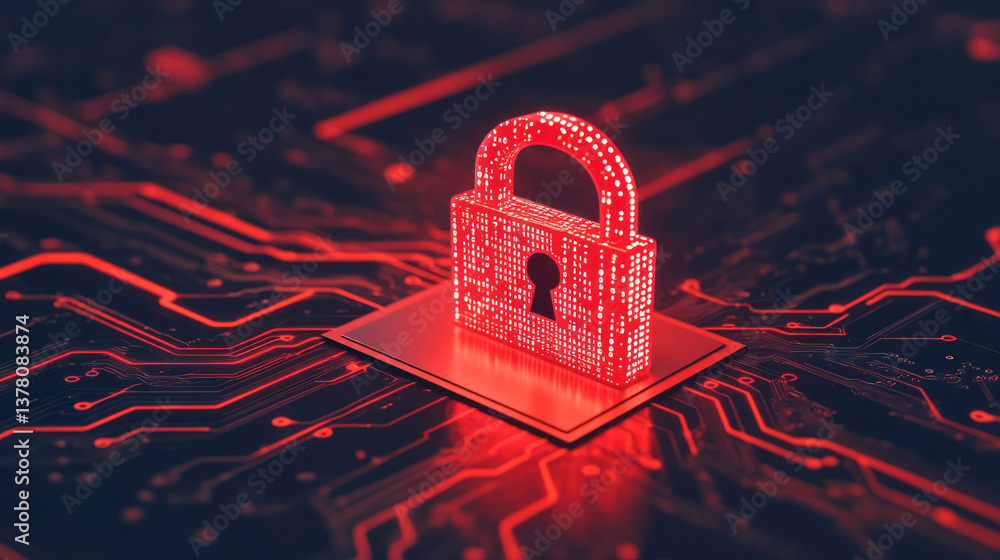Poster A close-up of a circuit board with a digital padlock overlay, enhanced with binary code and glowing
