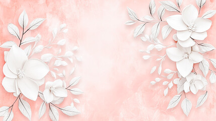 Soft pink backgrounds adorned with elegant white plants and vibrant green leaves on both sides.