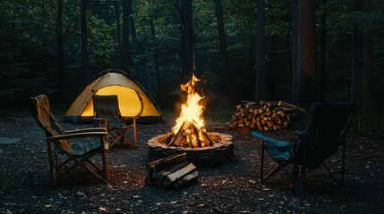 A serene evening in the woods with a blazing bonfire surrounded by camping chairs, firewood, and a tent glowing warmly nearby.