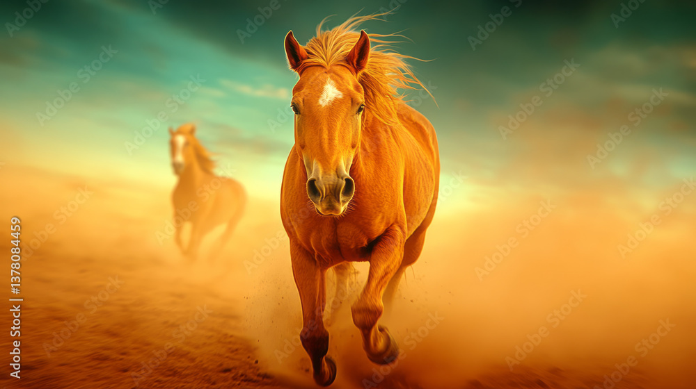Poster a close-up action shot capturing the energy of wild horses running together across a rugged desert