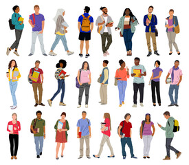 Group of multiracial and multicultural students. Young girls and boys holding books, folders standing and walking to college, university. Vector realistic illustration isolated