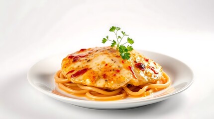Grilled Chicken Breast over Pasta with Sauce and Parsley