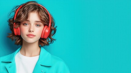 Trendy woman with dreadlocks listening to music, wearing red headphones against bright turquoise wall