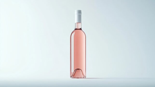 Elegant rose wine bottle with minimalistic white cap on flat surface background.