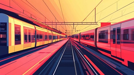 Naklejka premium Sunset City Rail Trains Converging