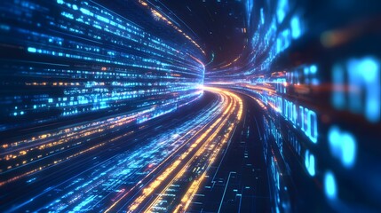 Obraz premium A futuristic cyber world with glowing holograms and neon roads