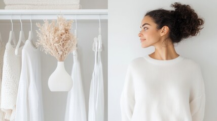 Rear view of a woman wearing a hat, deciding what to wear in front of a white, minimalist open wardrobe