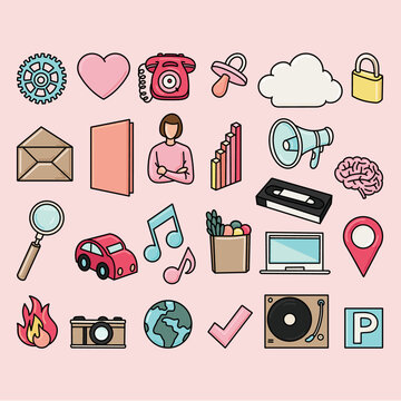 Hand-Drawn Vector Colorful Icon Set for Business, Technology, and Lifestyle Symbols