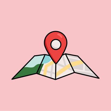Colorful Map with Urban City Roads, Streets and Parks and a Red Location Pin Isolated Icon on Pink Background. Travel Destination Location Design Concept for Navigation and Direction