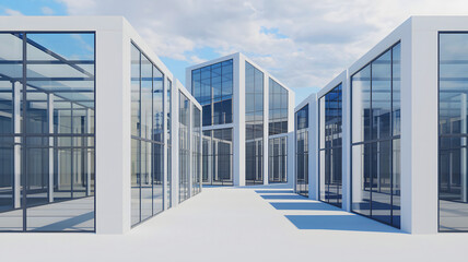 Fototapeta premium Transforming Urban Workspaces: A Seamless Integration of Sleek Minimalism and Functional Design in a Contemporary Glass-Dominated Office Complex