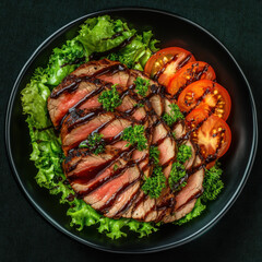 A beautifully arranged plate featuring sliced beef, fresh lettuce, and tomatoes, drizzled with sauce, creating an appealing presentation.