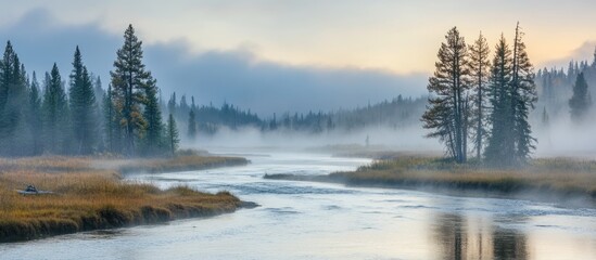 Fototapeta premium A scenic landscape of river amidst foggy trees and surroundings