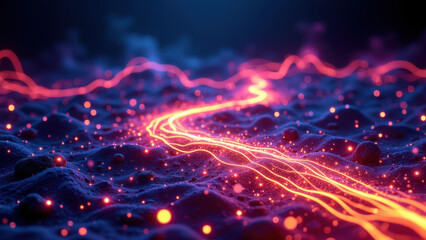 Fototapeta premium Dynamic lava flow with bright orange glow against a dark blue backdrop, resembling high-tech circuitry or futuristic energy paths.