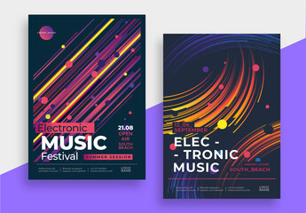 Electronic Music Festival Posters with Dynamic Abstract Lines and Neon Colors
