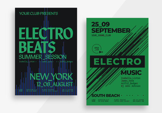 Bold Electro Music Event Posters wiht Contrast Green and Black Color Scheme