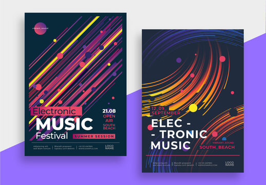 Electronic Music Festival Posters with Dynamic Abstract Lines and Neon Colors