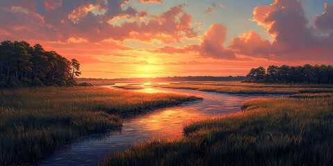 Obraz premium River Flows Through Golden Marsh Grasses at Beautiful Sunset Landscape