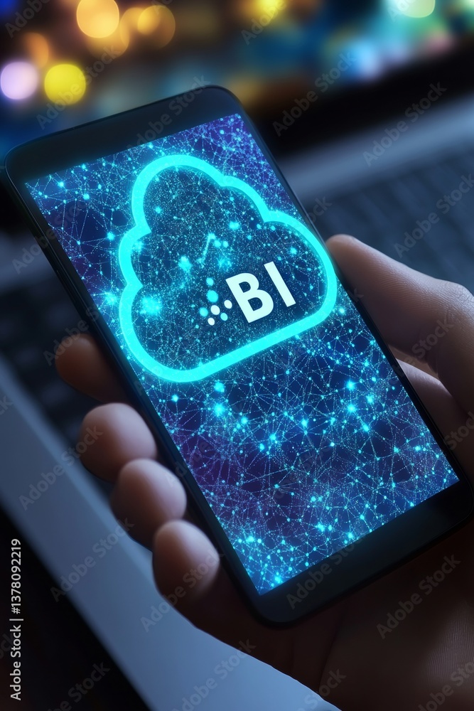 Poster business intelligence software accessed on mobile device with glowing cloud icon and text