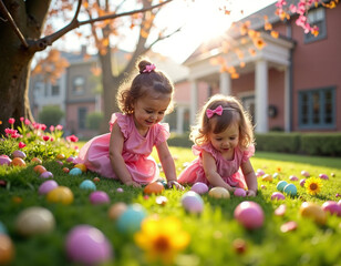 AI generation of two happy girls hunting for decorated Easter eggs on a sunny spring meadow. Easter card.