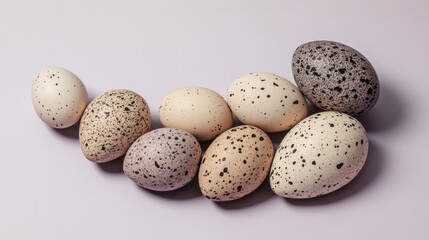 Obraz premium Speckled bird eggs arranged in a crescent shape on a light lavender background.