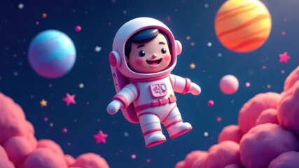 Naklejka premium cute astronaut child floating in colorful space scene with planets and stars. cheerful exploration cartoon illustration. children’s book, educational poster, adventures in distant galaxies.