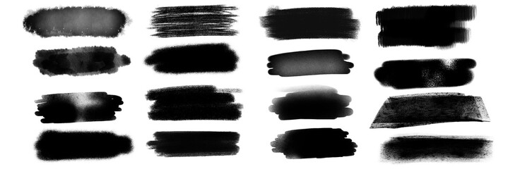 Set of hand-drawn black textured brush strokes in a grunge style for creative overlays