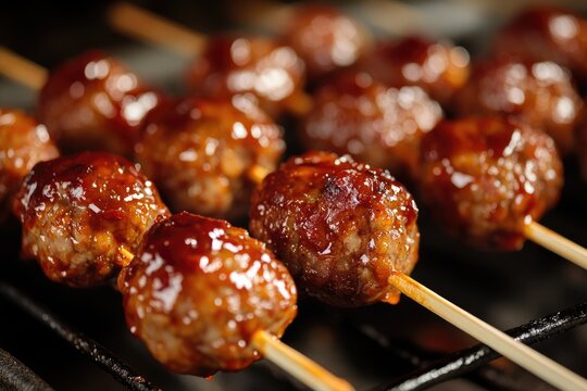 Cocktail Meatballs on a Stick with Dark Barbecue Sauce - Delicious Snack Food
