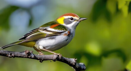 Fototapeta premium Colourful Chestnut-Sided Warbler Perched in North America, Bird with Beautiful Feather and Distinct Beak