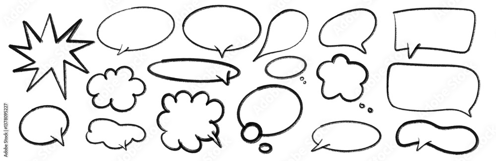 Poster set of black grunge ink blobs and comic style speech bubbles on transparent background