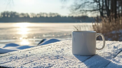 A simple white ceramic mug on a cold outdoor table surrounded by snow, with a frozen lake in the background reflecting the winter light.