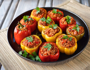 A platter of traditional Croatian stuffed peppers filled with minced meat and rice, topped with tomato sauce.