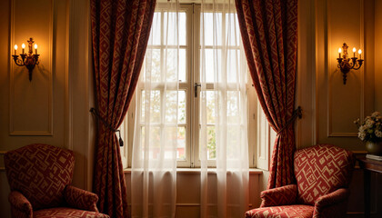 Fototapeta premium Victorian window with heavy drapes in elegant interior, timeless beauty