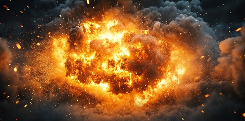 Fiery Explosion with Sparks Against Dark Cloudscape Energetic Scene