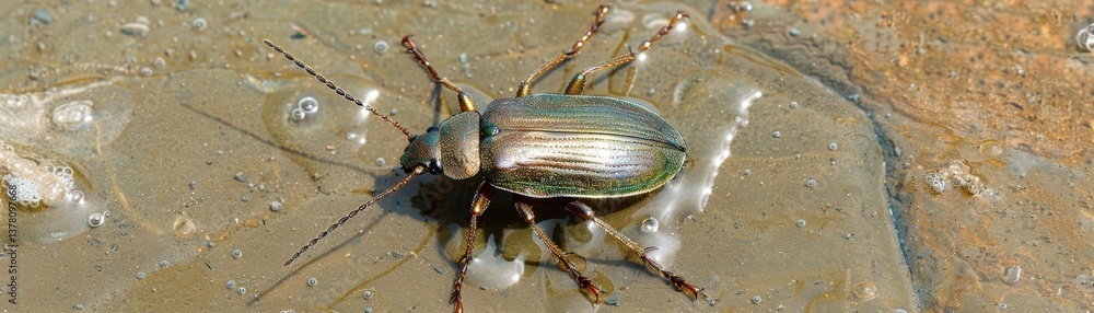 Poster a close-up image of a shiny beetle resting on a wet surface, showcasing its intricate details and re