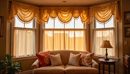 Cozy living room with closed bay window at sunset, warm ambiance