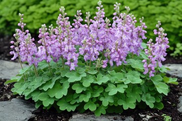 Obraz premium Corydalis Yanhusuo Flower. Blooming Lilac Blossoms of Small Herb Grass in Spring