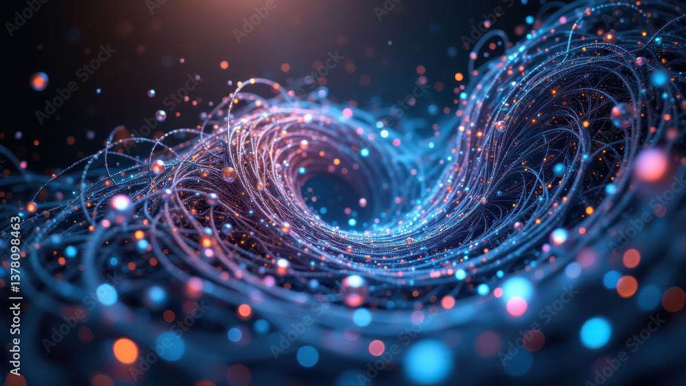 Poster dynamic digital abstract with vibrant colors and futuristic tech elements.