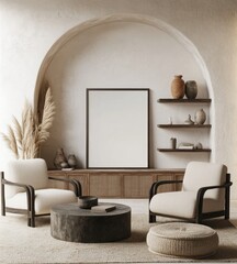 Minimalist living room with arched wall,  two armchairs, coffee table, shelves, and pampas grass.