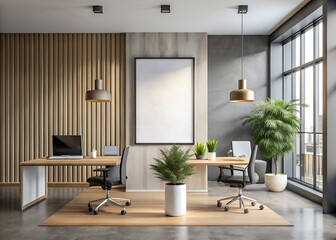 Meeting room, office with empty display white blank frame mockup. Modern business offices reception background as banner with copy space