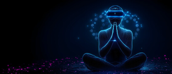 abstract, futuristic prayer concept; technology, virtual reality goggles & faith connected on abstact vision; new tech, digital background