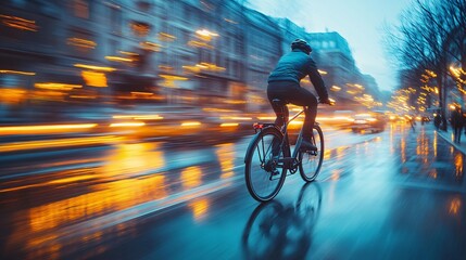 Cyclist Rides Through City Rain at Night of excellence in splendor beyond compare with grace