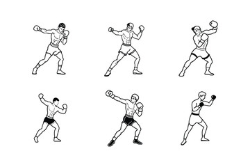 Six Black and White Boxing Stance Illustrations