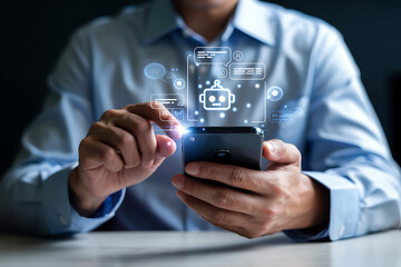 Chat with AI Technology – Man Using Laptop with ChatGPT Smart Assistant for Intelligent Conversations and Answers