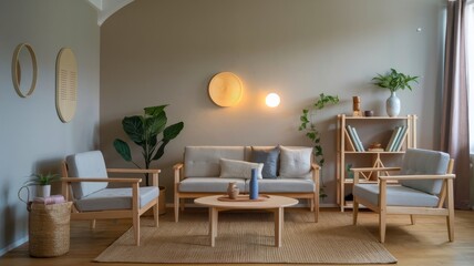Fototapeta premium Inviting living room featuring natural wood furniture, ambient lighting, and lush plants creating a serene and modern interior space.
