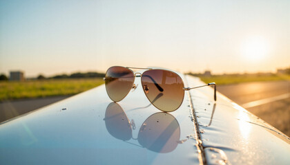 Aviator sunglasses resting on vintage airplane wing at sunset, nostalgia