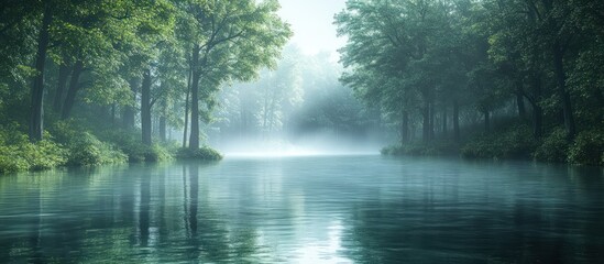 Obraz premium Misty morning river, forest banks, calm water, serene nature scene, peaceful wallpaper